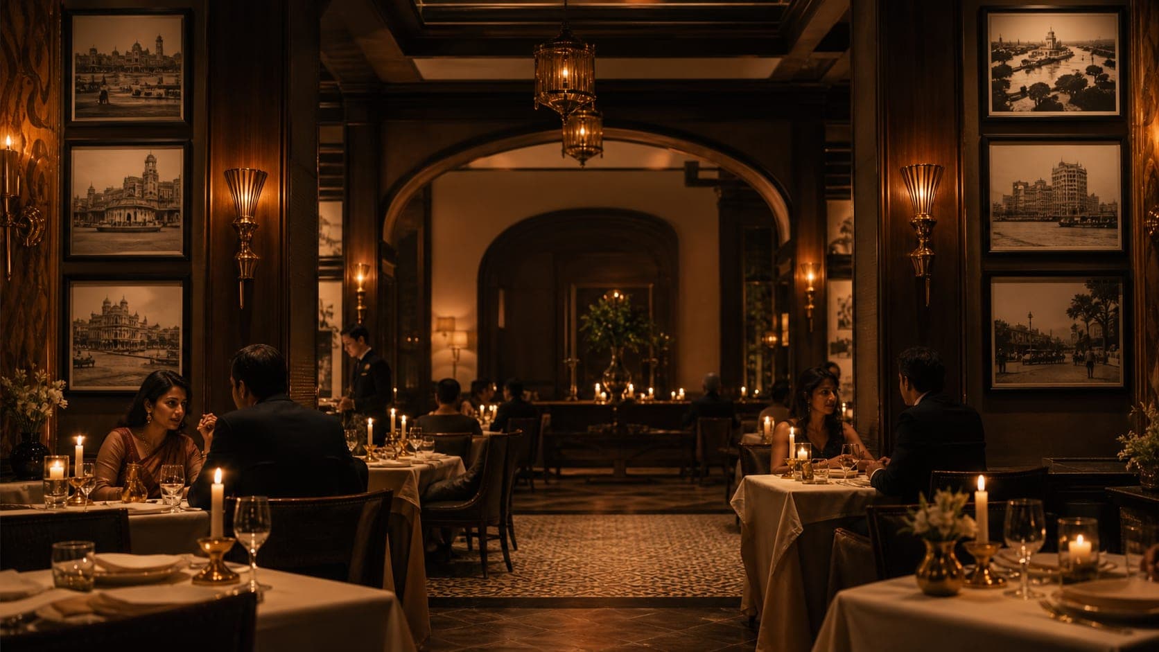 The lamplit dining room at Bombay Bicycle Chef, tables set for the evening